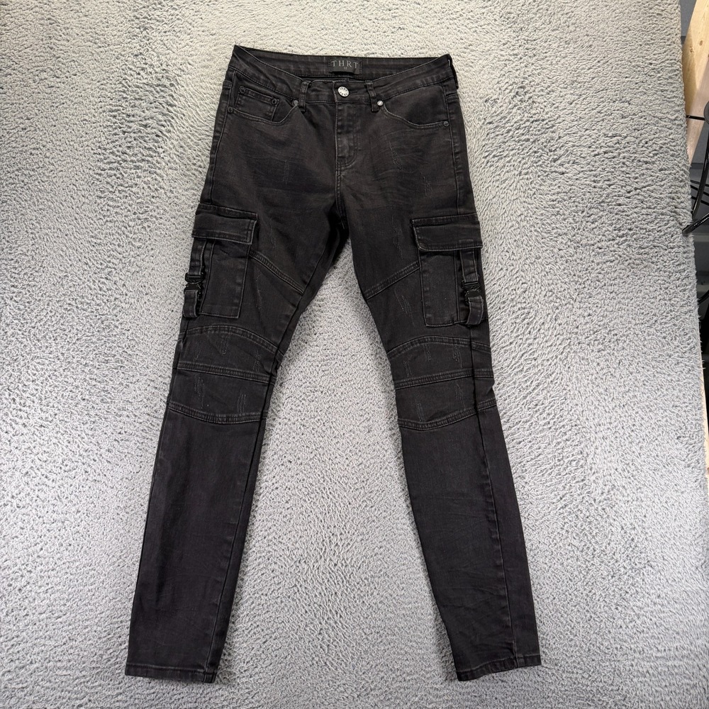 THRT Jeans Mens 32x32 Black Cotton Denim Skinny Cargo Moto Biker Travel Stretch